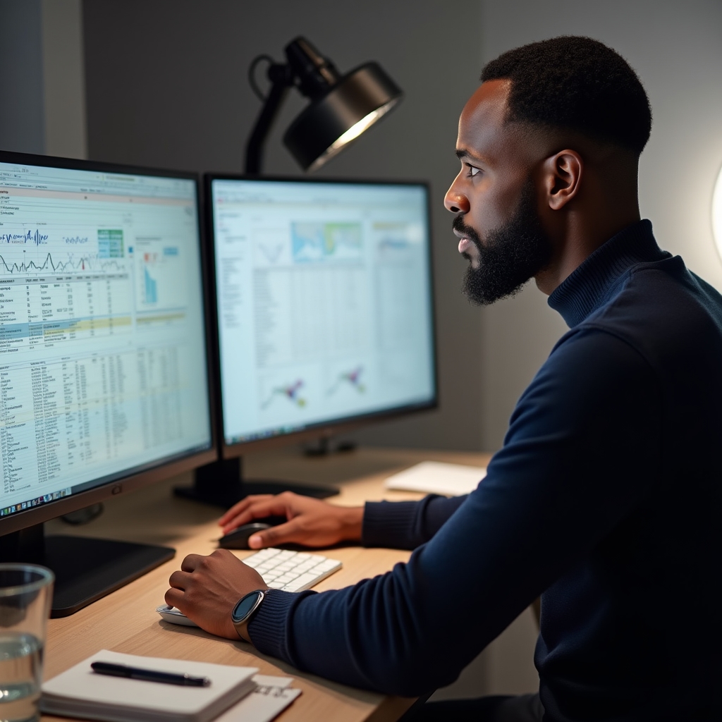 Consulente che esegue audit di sistemi dati su workstation professionale